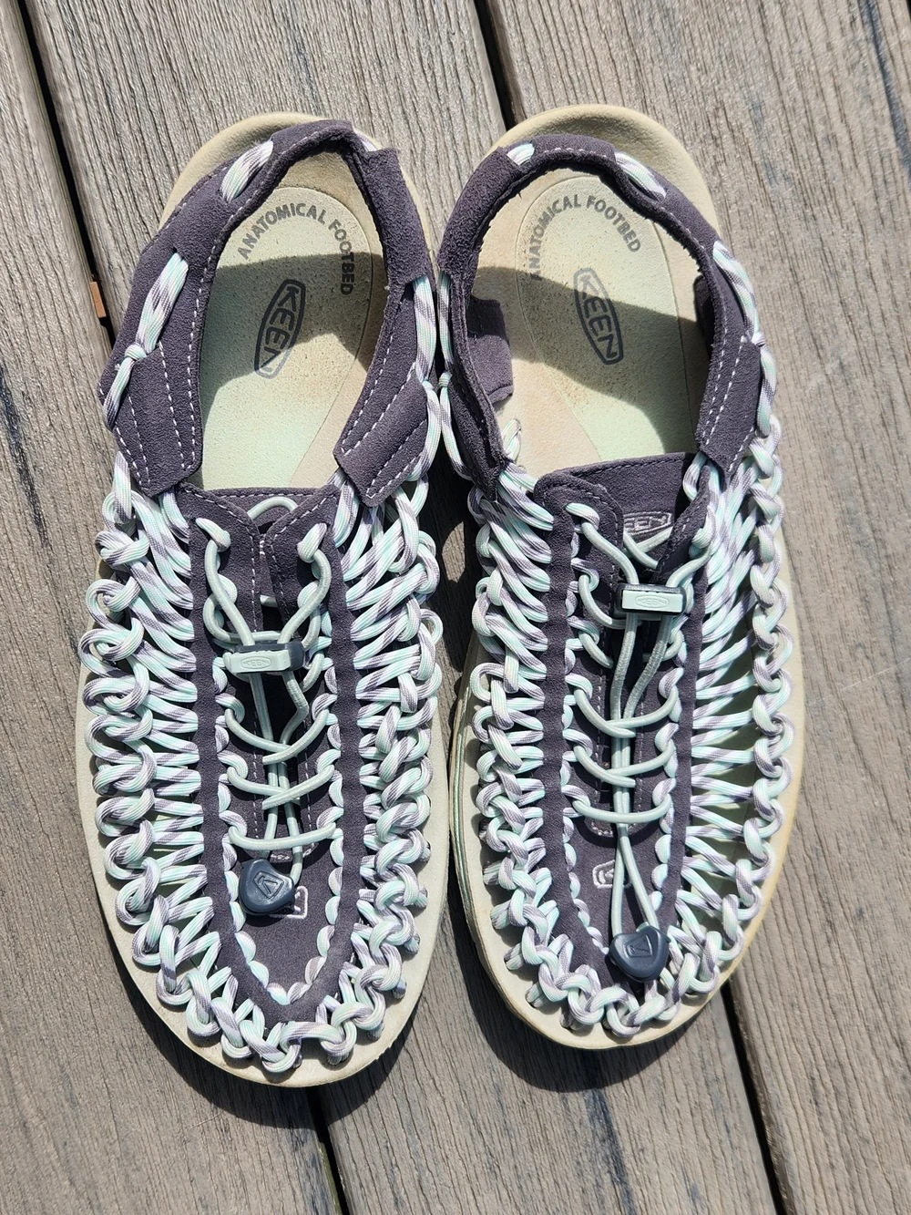 KEEN Womens UNEEK Braided Sandals in Dark Gray and Light Mint